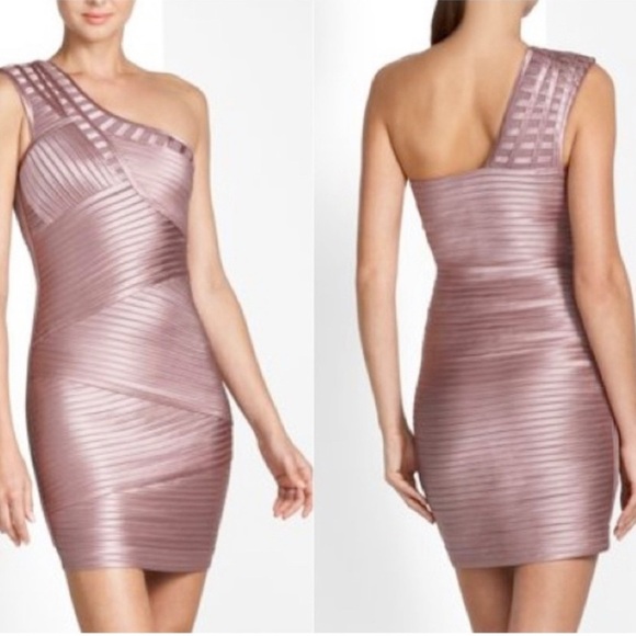 BCBGMAXAZRIA Eden One Shoulder Dusty Rose Pink Bodycon Bandage Dress Size 6 - Picture 2 of 12